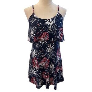Express Tropical Leaf Print Vacation Resortwear Blue Layered Dress XS